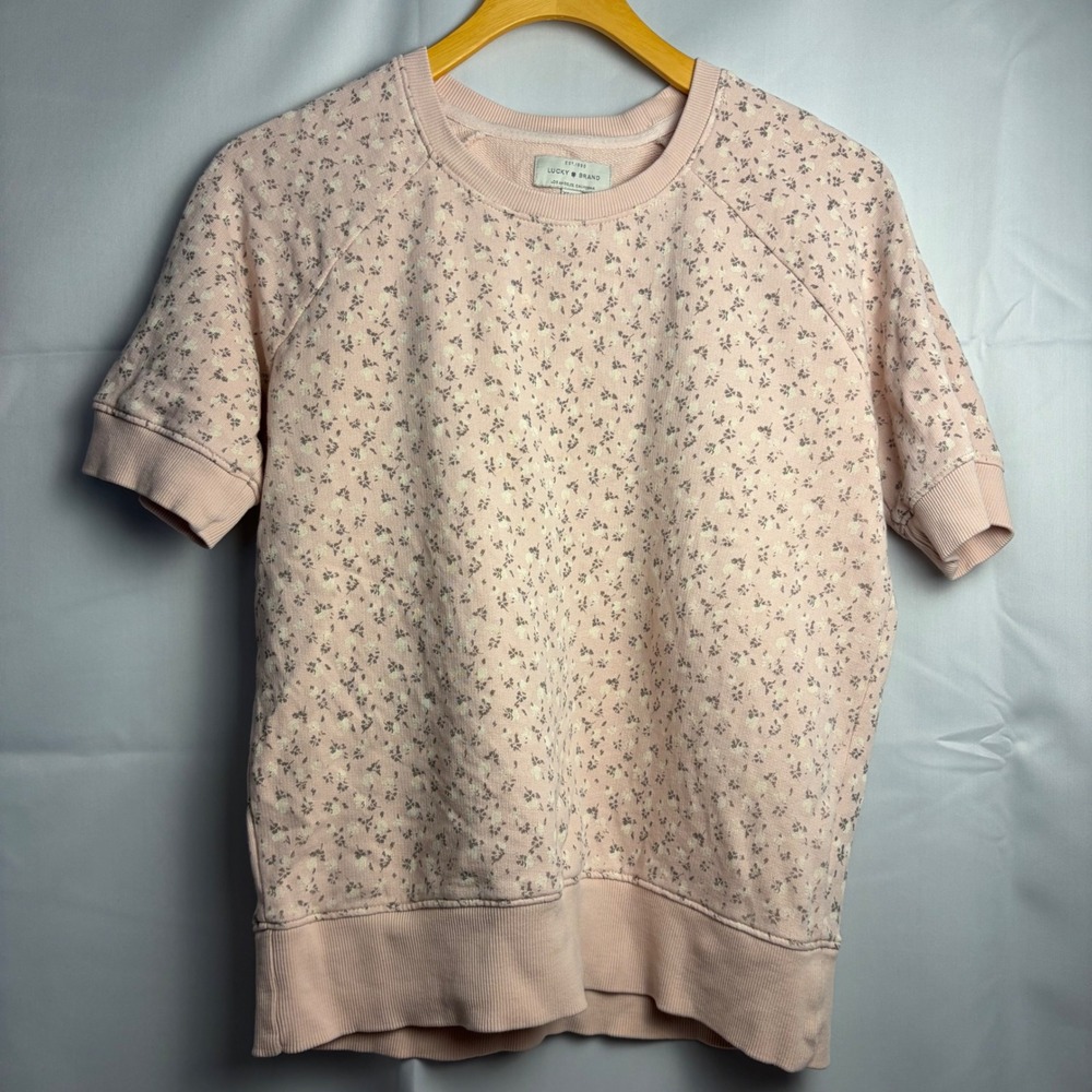 Lucky Brand Women Pink Floral Short Sleeve Sweatshirt Crew Neck XS 7W72728